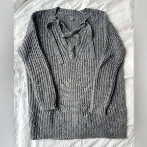 Aerie Women Gray Wool Alpaca Blend Knit Cozy Oversized Lace Up Tunic Sweater